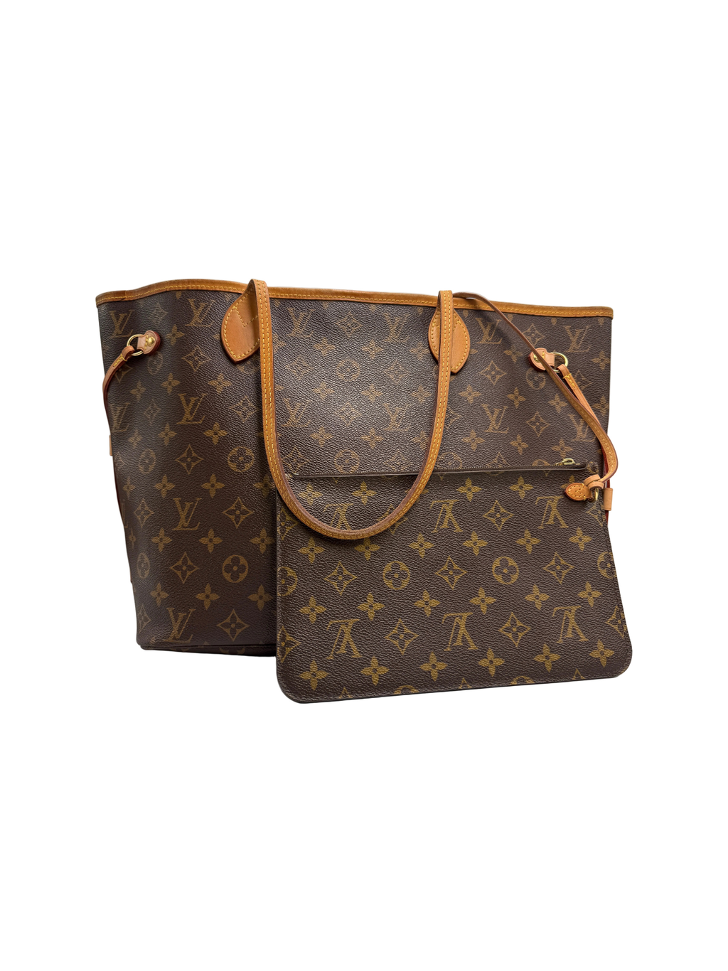 A Louis Vuitton Neverfull tote bag in brown monogram canvas with tan leather handles and trim, shown against a plain light gray background.