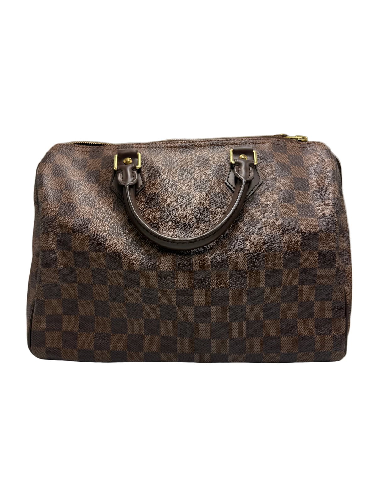 A brown checkered leather handbag with dark brown handles and gold-tone hardware, photographed against a neutral gray background.