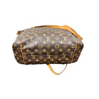 A Louis Vuitton monogram canvas shoulder bag in brown with gold-tone monogram print and tan leather trim, shown against a plain white background.