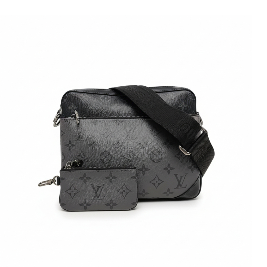 preloved authentic louis vuitton trio messenger wasit crossbody bag in black and grey monogram canvas print for sale in excellent condition with zipper pouch