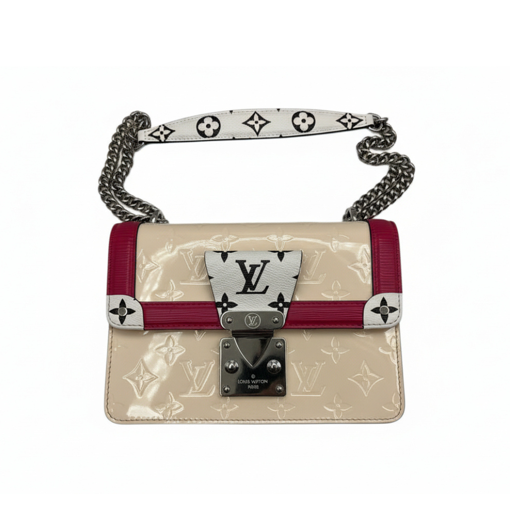preowned louis vuitton authentic designer bag in white patent leather with silver hardware and monogram logo shoulder crossbody bag in very good condition 