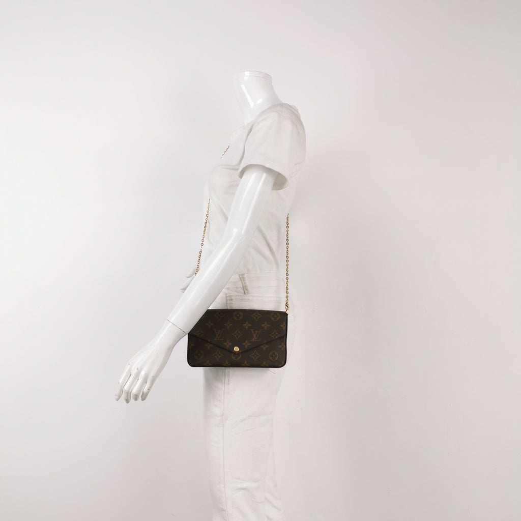 Louis Vuitton Félicie Pochette shown as a crossbody bag with its gold-tone chain.