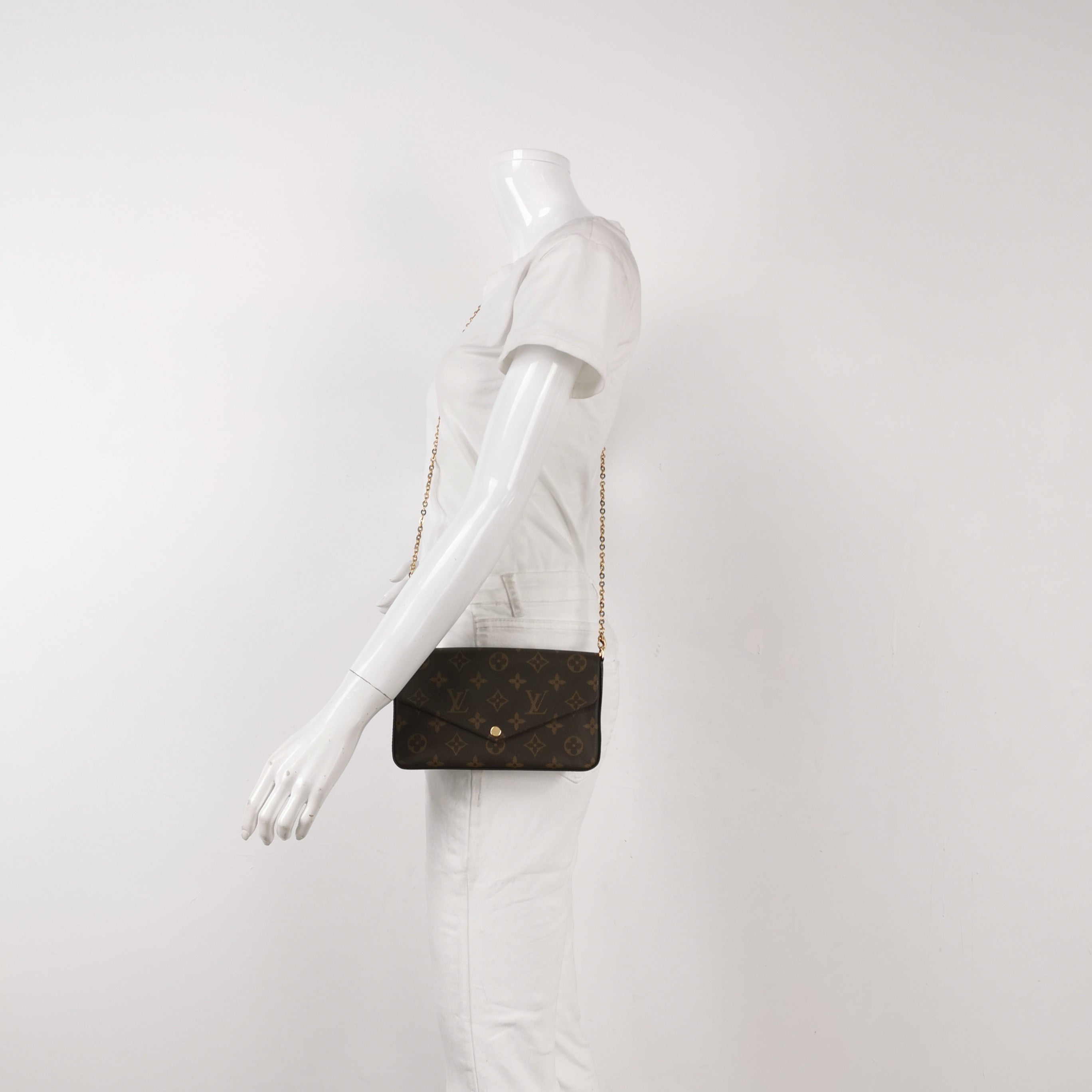 Louis Vuitton Félicie Pochette shown as a crossbody bag with its gold-tone chain.
