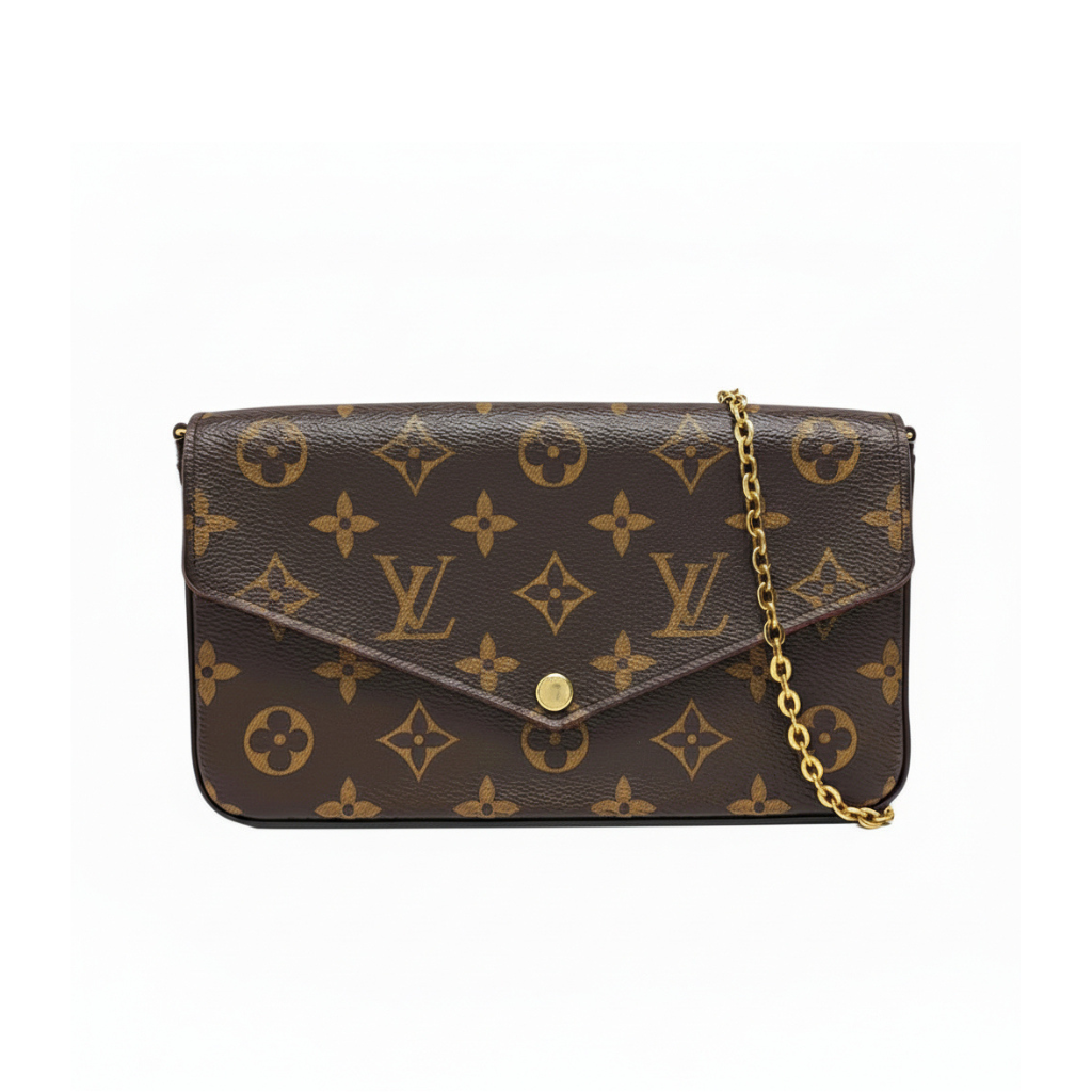 Front view of Louis Vuitton Félicie Pochette in Monogram canvas with gold chain.at discount price