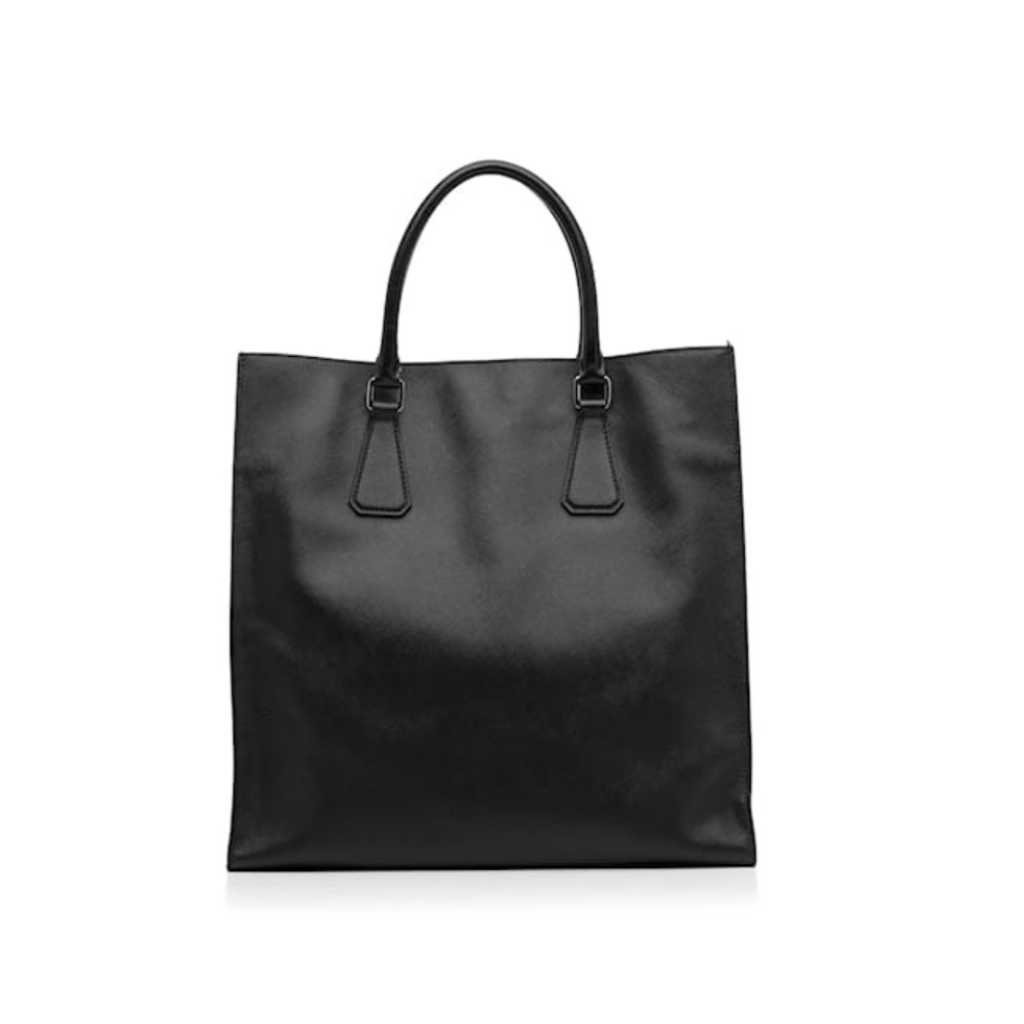 Exterior front view of black Prada Saffiano leather Galleria tote bag; Close-up of Prada enameled metal triangle logo on Saffiano leather
