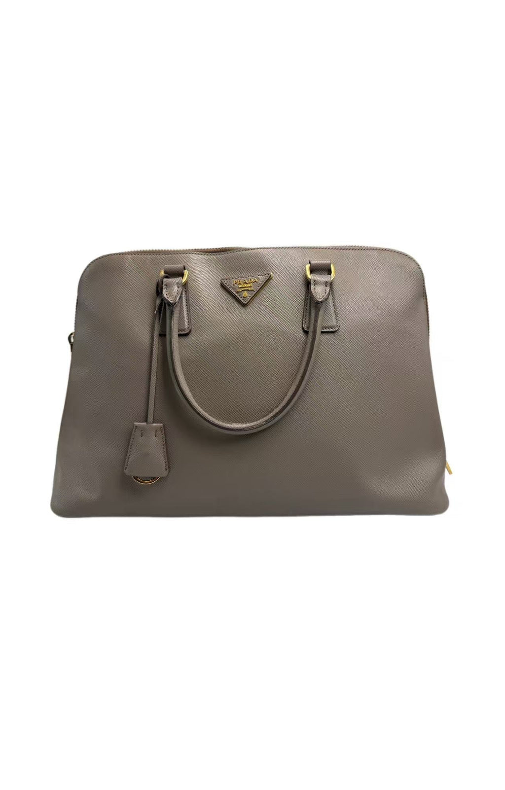 Front view of a Prada Saffiano Lux tote bag in Argilla taupe-grey leather with gold triangle logo and hanging clochette