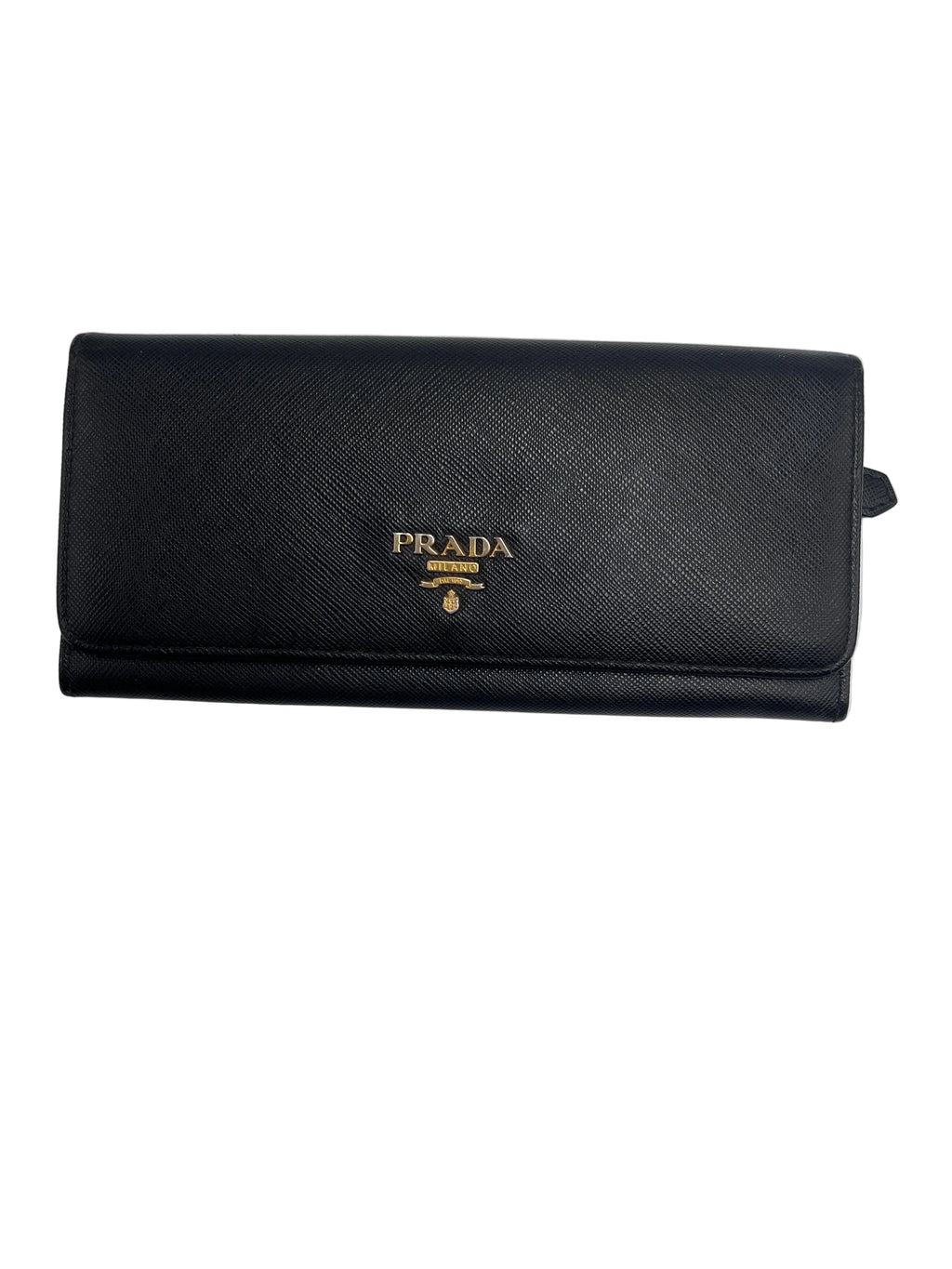 Front view of a Prada Saffiano leather continental flap wallet in black with gold-tone Prada Milano logo lettering