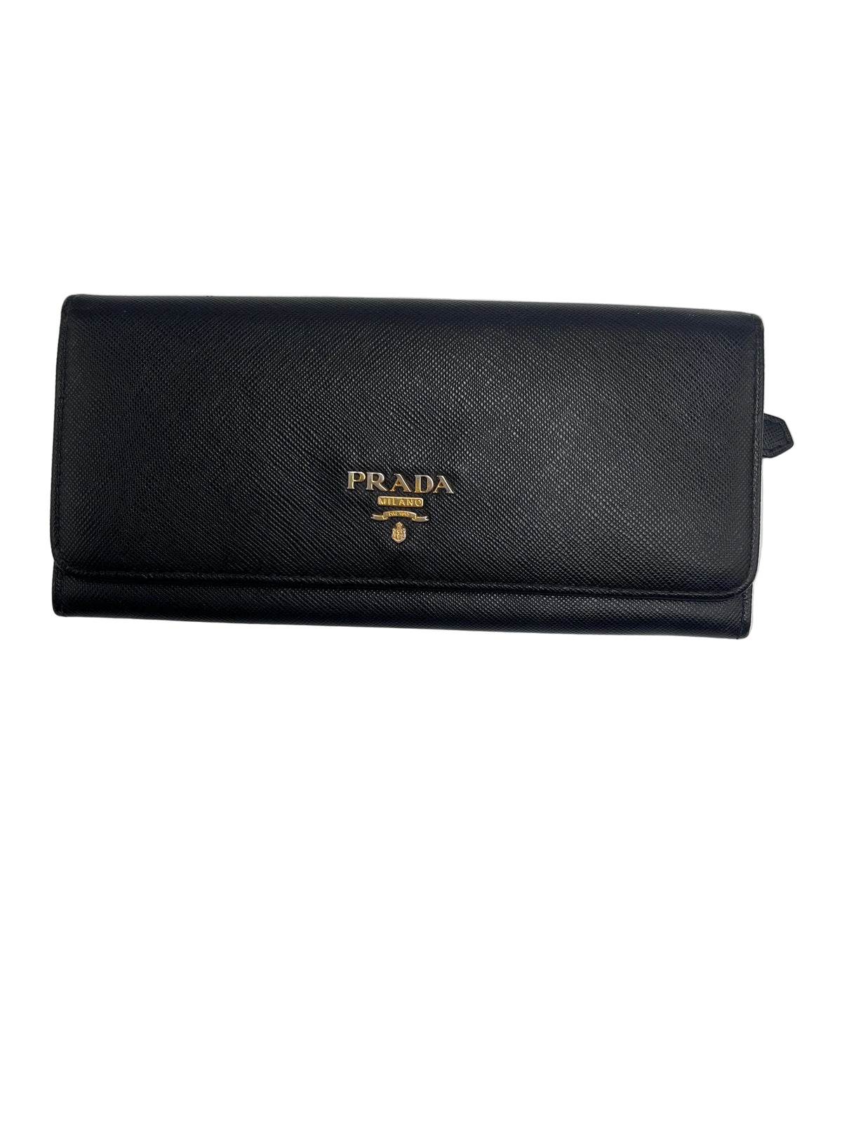 Front view of a Prada Saffiano leather continental flap wallet in black with gold-tone Prada Milano logo lettering