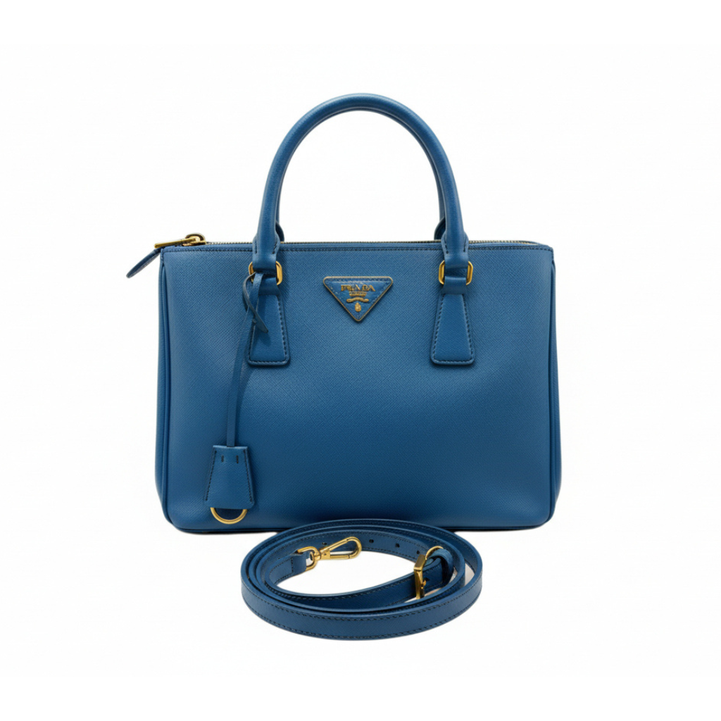 front view of authentic preloved prada blue saffiano leather crossbody bag with gold hardware and strap