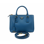 front view of authentic preloved prada blue saffiano leather crossbody bag with gold hardware and strap