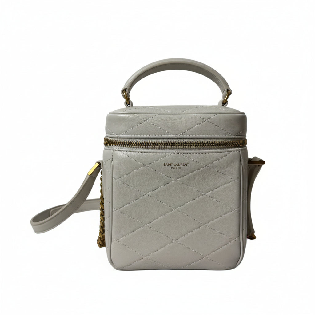 authentic preloved ysl saint laurent top handle vanity case in white leather with  crossbody strap and gold hardware in good condition for sale 