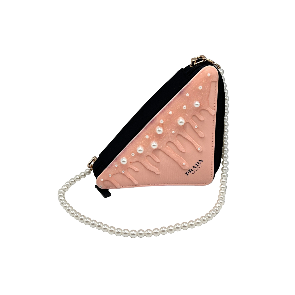 Prada Beauty Pearl Triangle Makeup Pouch Shoulder Bag Pink & Black