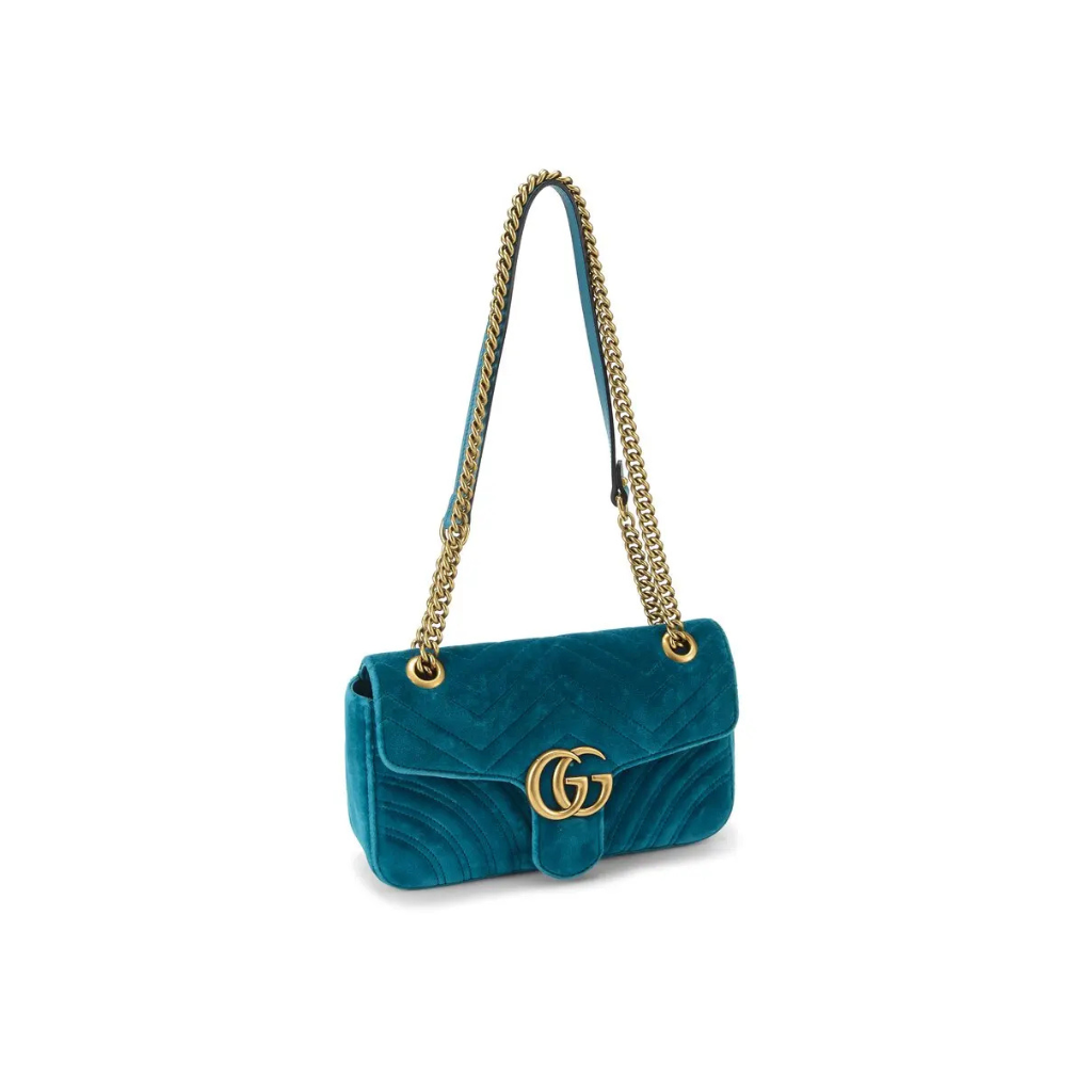 Gucci GG Marmont Matelassé Velvet Medium Shoulder Bag – Teal Peacock Blue