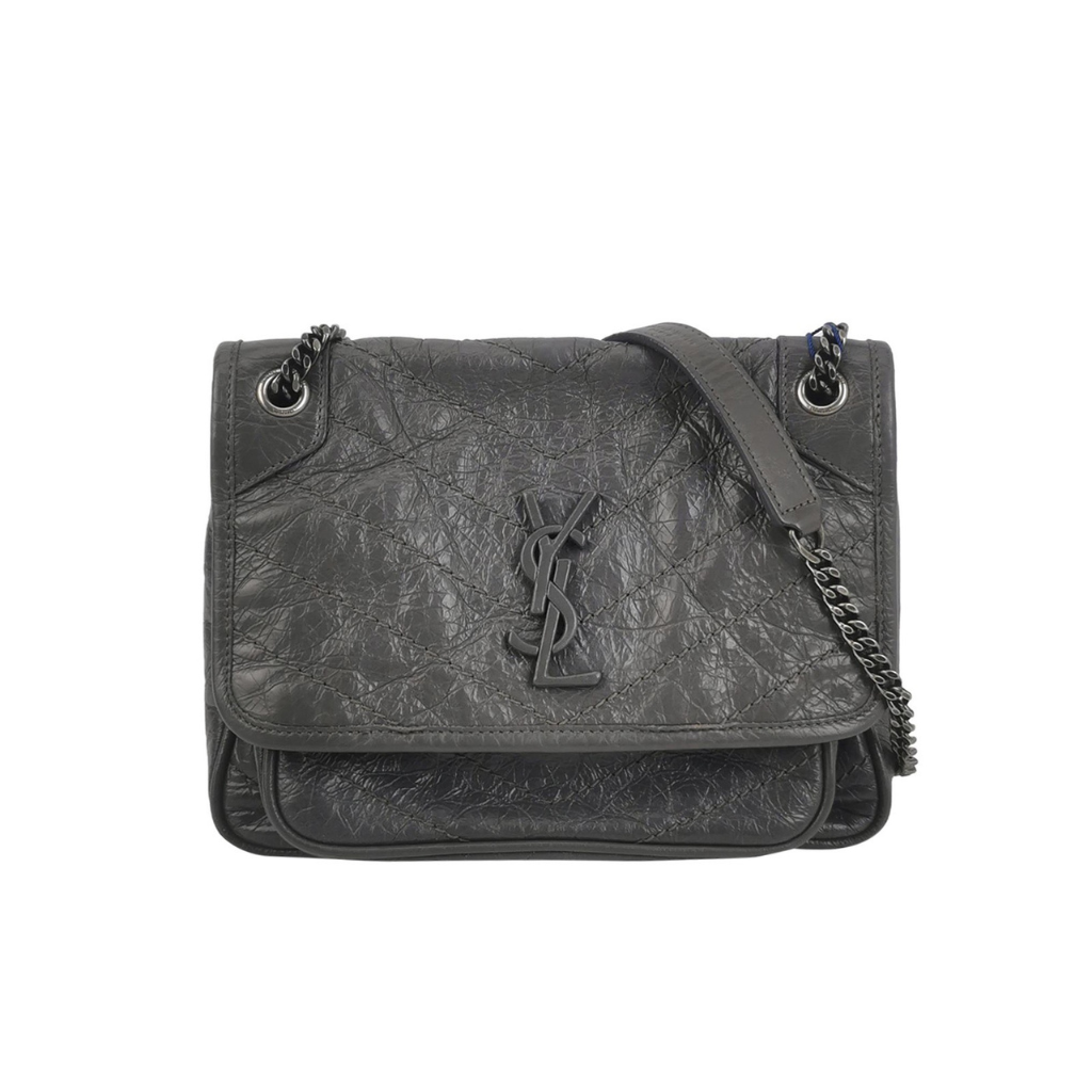 preloved saint laurent niki baby crossbody bag in grey soft leather in great condition with ysl logo in the front 